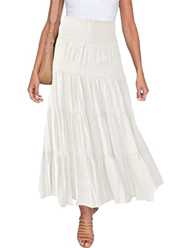 shownicer Rock Damen A Linie Elegant Boho Sommerrock Leicht Lang Plisseerock Einfarbig Festlich Maxirock Vintage Retro Strandrock Faltenrock Cocktail Freizeitrock A Weiß XL von shownicer