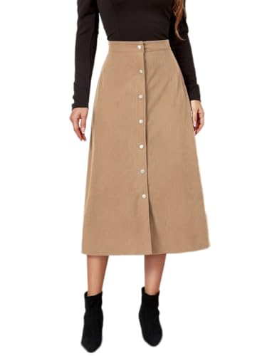 shownicer Rock Damen Cordrock Elegant Knopf Lange Rock Hohe Taille A-Linie Midi Röcke Casual Warm Mittellange Cordrock Winterrock A Beige L von shownicer