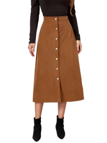 shownicer Rock Damen Cordrock Elegant Knopf Lange Rock Hohe Taille A-Linie Midi Röcke Casual Warm Mittellange Cordrock Winterrock A Khaki L von shownicer
