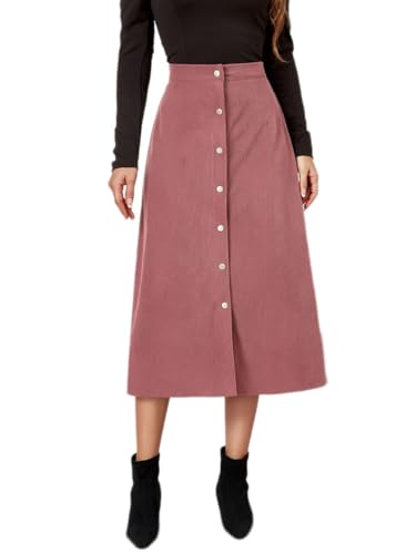 shownicer Rock Damen Cordrock Elegant Knopf Lange Rock Hohe Taille A-Linie Midi Röcke Casual Warm Mittellange Cordrock Winterrock A Rosa S von shownicer