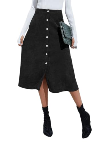 shownicer Rock Damen Cordrock Elegant Knopf Lange Rock Hohe Taille A-Linie Midi Röcke Casual Warm Mittellange Cordrock Winterrock A Schwarz XL von shownicer