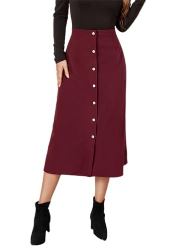 shownicer Rock Damen Cordrock Elegant Knopf Lange Rock Hohe Taille A-Linie Midi Röcke Casual Warm Mittellange Cordrock Winterrock A Weinrot L von shownicer