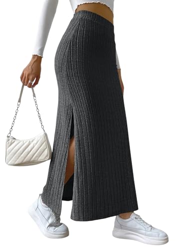 shownicer Rock Damen Hohe Taille Maxirock Casual Strickrock Langer Bleistiftrock Freizeitrock Mit Schlitz A Dunkelgrau M von shownicer