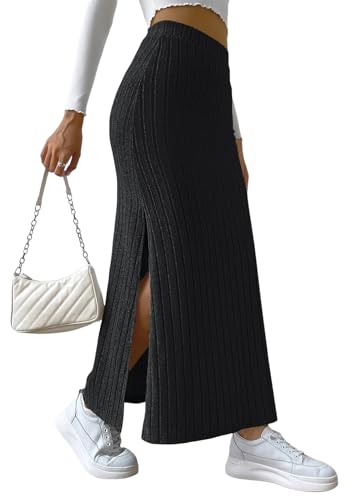 shownicer Rock Damen Hohe Taille Maxirock Casual Strickrock Langer Bleistiftrock Freizeitrock Mit Schlitz A Schwarz 3XL von shownicer