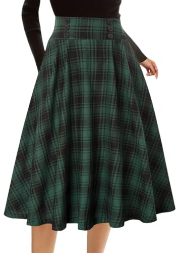 shownicer Rock Damen Kariert Röcke Hohe Taille Rock Elegant Vintage Röcke Langer Locker Freizeitrock Partyrock B Grün L von shownicer