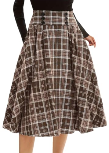 shownicer Rock Damen Kariert Röcke Hohe Taille Rock Elegant Vintage Röcke Langer Locker Freizeitrock Partyrock B Khaki XS von shownicer
