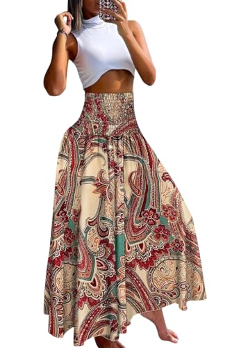 shownicer Rock Damen Lang Boho Blumen Hohe Elastische Taille mit Taschen und Gürtel Maxi Skirt Faltenrock Strandrock Freizeitrock A Aprikose S von shownicer