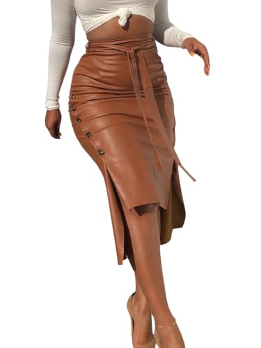 shownicer Rock Damen PU Leder Röcke Hüftrock Elegant High Waist Bleistift Midi Rock Lederrock mit Schlitz Freizeitrock Festlich Party Büro A Braun XL von shownicer