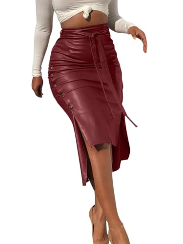 shownicer Rock Damen PU Leder Röcke Hüftrock Elegant High Waist Bleistift Midi Rock Lederrock mit Schlitz Freizeitrock Festlich Party Büro A Rot XXL von shownicer