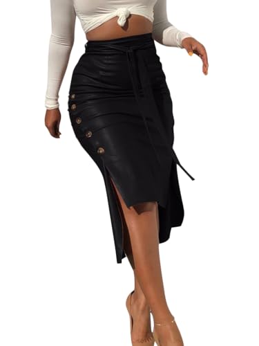 shownicer Rock Damen PU Leder Röcke Hüftrock Elegant High Waist Bleistift Midi Rock Lederrock mit Schlitz Freizeitrock Festlich Party Büro A Schwarz L von shownicer