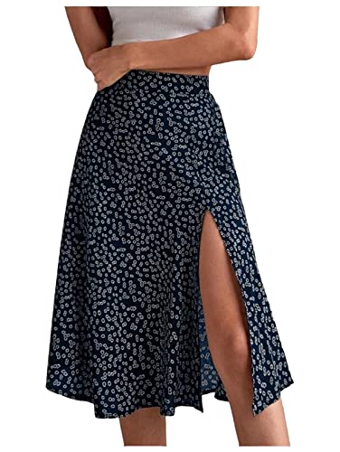 shownicer Rock Damen Polka Dot Elastische Taille Faltenrock Sommer Chiffon Midi Rock Swing Elegant Plisseerock mit Taschen A Blau M von shownicer