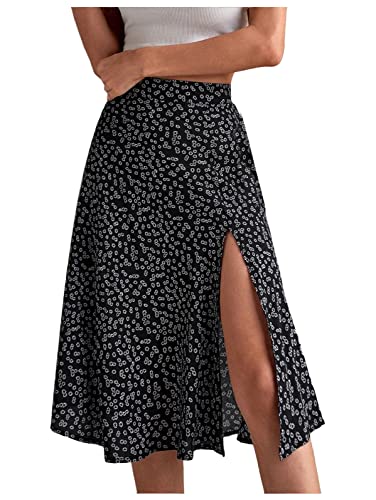 shownicer Rock Damen Polka Dot Elastische Taille Faltenrock Sommer Chiffon Midi Rock Swing Elegant Plisseerock mit Taschen A Schwarz M von shownicer