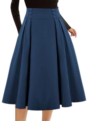 shownicer Rock Damen Vintage Elegant Kariert Freizeitrock Faltenrock Elastische Hohe Taille A Linie Röcke Casual Midi Rock A Blau 3XL von shownicer