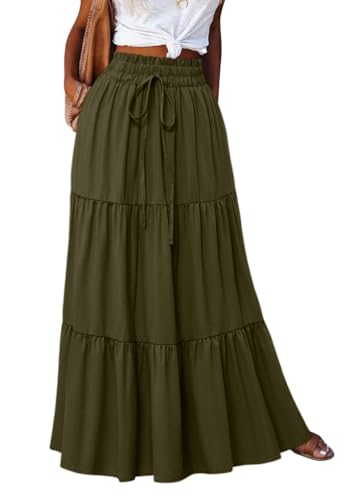 shownicer Rock Lang Damen Boho Blumen Elastische Hohe Taille Maxi Skirt Strandrock Freizeitrock Casual Faltenrock Mit Kordelzug A Armeegrün M von shownicer