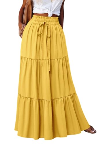 shownicer Rock Lang Damen Boho Blumen Elastische Hohe Taille Maxi Skirt Strandrock Freizeitrock Casual Faltenrock Mit Kordelzug A Gelb L von shownicer