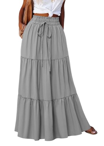 shownicer Rock Lang Damen Boho Blumen Elastische Hohe Taille Maxi Skirt Strandrock Freizeitrock Casual Faltenrock Mit Kordelzug A Grau XL von shownicer