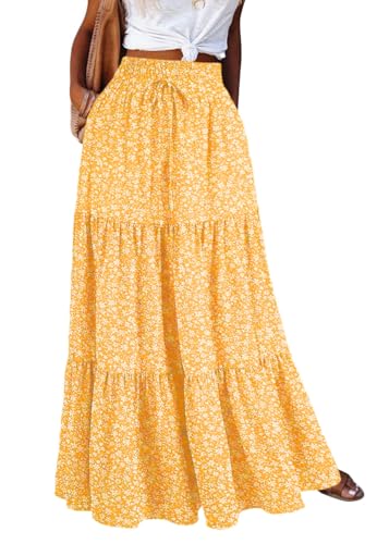 shownicer Rock Lang Damen Boho Blumen Elastische Hohe Taille Maxi Skirt Strandrock Freizeitrock Casual Faltenrock Mit Kordelzug B Gelb M von shownicer