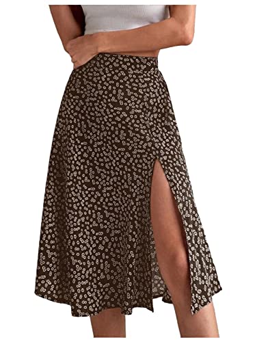 shownicer Rocke Damen Chiffon Midi Röcke Elegante Hohe Taille Boho Blumen Taille Rock Lang Sommer A-Linien Faltenrock Sommerrock Strandrock A Braun L von shownicer