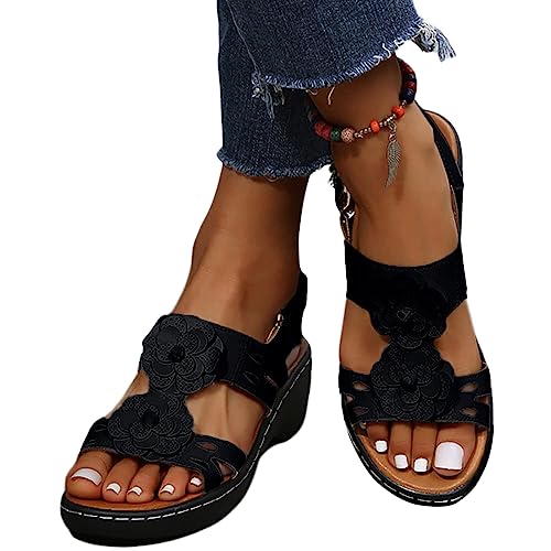 shownicer Sandalen Damen Casual Plattform Leder Flip Flops Sandalen mit Fußgewölbestütze Freizeit Keilsandalen Vintage Plateau Sandaletten Strand Hausschuhe A Schwarz 39 EU von shownicer