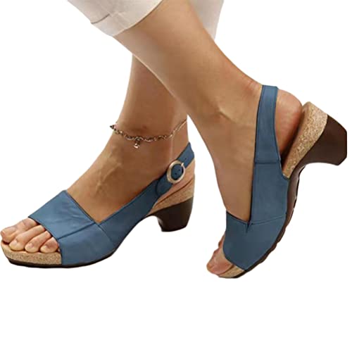 shownicer Sandalen Damen Elegant Sandaletten Fischmaul Blockabsatz Schnalle High Heels Pumps Sommerschuhe Casual Römersandalen Open Toe Sandalen A Blau 38 EU von shownicer