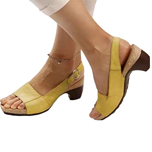 shownicer Sandalen Damen Elegant Sandaletten Fischmaul Blockabsatz Schnalle High Heels Pumps Sommerschuhe Casual Römersandalen Open Toe Sandalen A Gelb 37 EU von shownicer