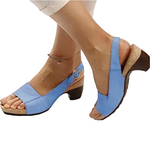 shownicer Sandalen Damen Elegant Sandaletten Fischmaul Blockabsatz Schnalle High Heels Pumps Sommerschuhe Casual Römersandalen Open Toe Sandalen A Hellblau 42 EU von shownicer