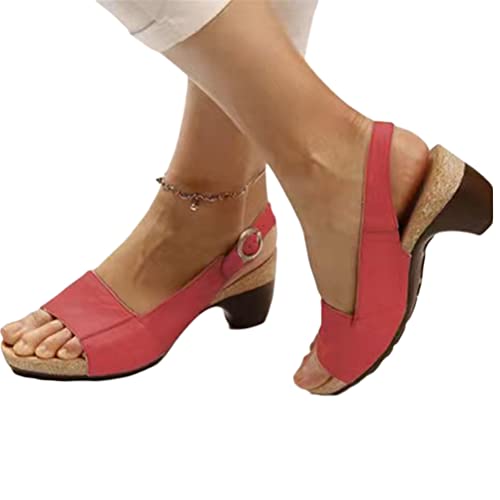 shownicer Sandalen Damen Elegant Sandaletten Fischmaul Blockabsatz Schnalle High Heels Pumps Sommerschuhe Casual Römersandalen Open Toe Sandalen A Rot 38 EU von shownicer