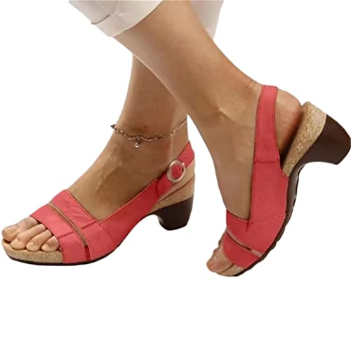 shownicer Sandalen Damen Elegant Sandaletten Fischmaul Blockabsatz Schnalle High Heels Pumps Sommerschuhe Casual Römersandalen Open Toe Sandalen B Rot 40 EU von shownicer