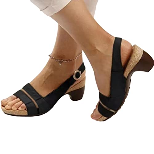 shownicer Sandalen Damen Elegant Sandaletten Fischmaul Blockabsatz Schnalle High Heels Pumps Sommerschuhe Casual Römersandalen Open Toe Sandalen B Schwarz 41 EU von shownicer