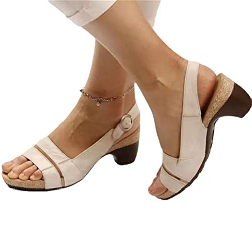 shownicer Sandalen Damen Elegant Sandaletten Fischmaul Blockabsatz Schnalle High Heels Pumps Sommerschuhe Casual Römersandalen Open Toe Sandalen B Weiß 40 EU von shownicer