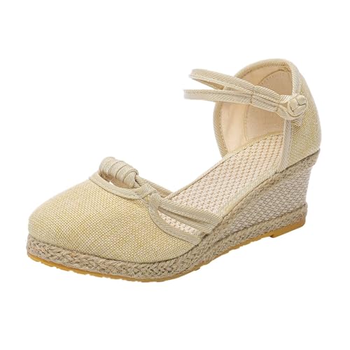 shownicer Sandalen Damen Plateau Keilsandalen Frauen Sandaletten Keilabsatz Sommerschuhe Platform Strassperle Knöchelriemen Sandalen B Beige 37 EU von shownicer