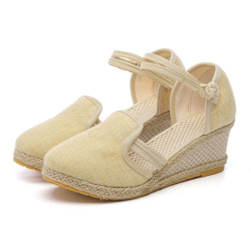 shownicer Sandalen Damen Plateau Keilsandalen Sandaletten Keilabsatz Sommerschuhe Platform Strassperle Knöchelriemen Sandalen D Beige 40 EU von shownicer