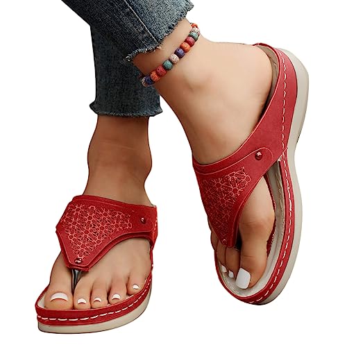 shownicer Sandalen Damen Sommer Flip Flops Flach Zehentrenner Damen Sandalen Zehentrenner Leder Sommer Sandalen mit Keilabsatz Freizeit Beach Flip Flops A Rot 36 EU von shownicer