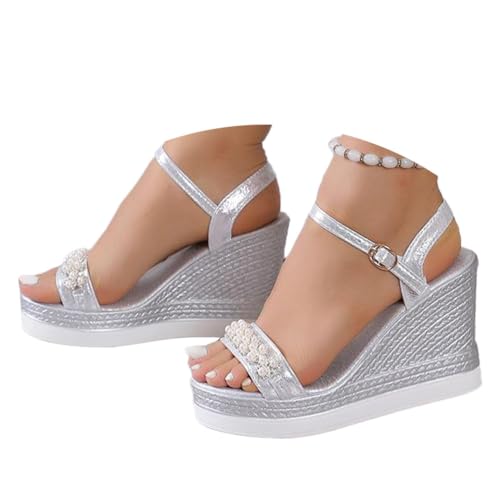 shownicer Sandalen Damen Sommer Sandaletten mit Keilabsatz Peep Toe High Heel Plattform Sandalen Bequem Freizeit Strandsandalen D Silber 40 von shownicer