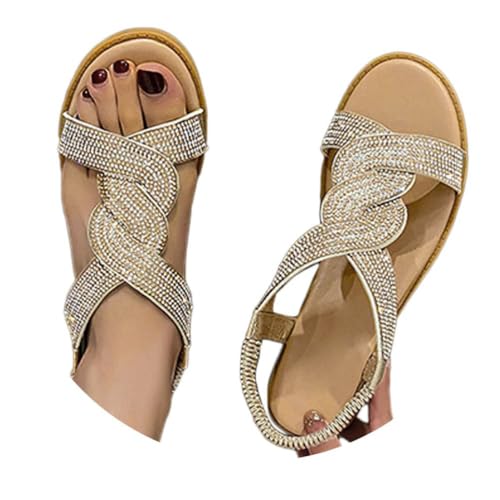 shownicer Sandalen Damen Sommer mit Strass Sandaletten Leichte Bequeme Weichen Sohlen Sandalen Strandschuhe Elegant B Gold 40 von shownicer
