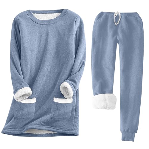 shownicer Schlafanzug Damen Fleece Lang Winter Pyjama Warm Fleece Hausanzug Kuschelig Schlafanzug Flauschig Fleece Pyjama Set Mit Langarm Oberteile Und Pyjamahose A Blau01 M von shownicer