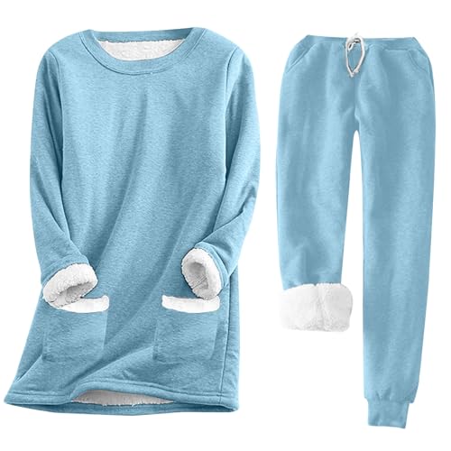 shownicer Schlafanzug Damen Fleece Lang Winter Pyjama Warm Fleece Hausanzug Kuschelig Schlafanzug Flauschig Fleece Pyjama Set Mit Langarm Oberteile Und Pyjamahose A Blau02 L von shownicer