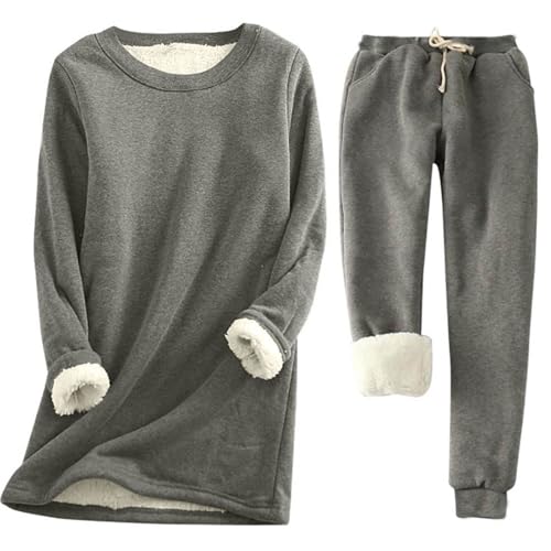 shownicer Schlafanzug Damen Fleece Pyjama Set Zweiteiliger Plüsch Futter Schlafanzug Loungewear Warm Winter Flauschig Freizeitanzug Nachtwäsche Hausanzug A Dunkelgrau 3XL von shownicer