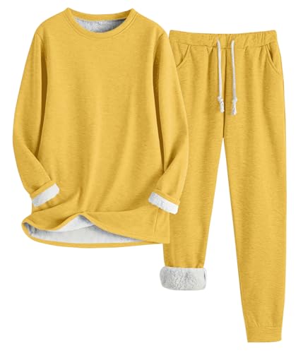 shownicer Schlafanzug Damen Fleece Pyjama Set Zweiteiliger Plüsch Futter Schlafanzug Loungewear Warm Winter Flauschig Freizeitanzug Nachtwäsche Hausanzug B Gelb L von shownicer