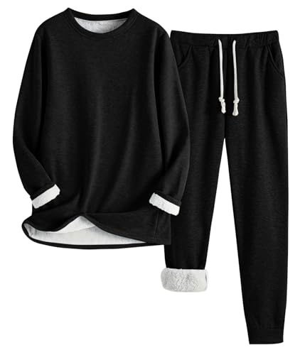 shownicer Schlafanzug Damen Fleece Pyjama Set Zweiteiliger Plüsch Futter Schlafanzug Loungewear Warm Winter Flauschig Freizeitanzug Nachtwäsche Hausanzug B Schwarz XXL von shownicer