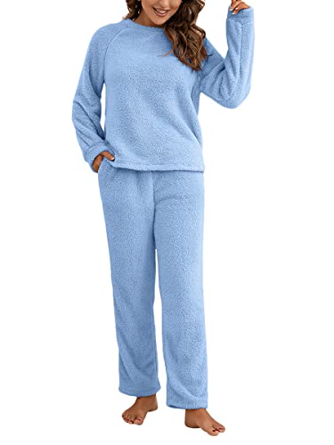 shownicer Schlafanzug Damen Lang Set Zweiteiliger Winter Warme Fleece Pyjama Plüsche Rundhals Sweatshirt Oberteile Einfarbig Hose Freizeithose Hausanzug Fuzzy Pyjamas Set A Blau M von shownicer