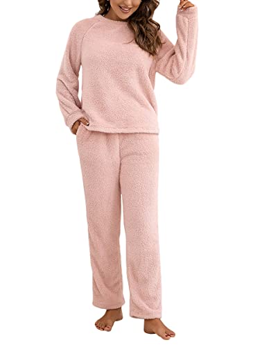 shownicer Schlafanzug Damen Lang Set Zweiteiliger Winter Warme Fleece Pyjama Plüsche Rundhals Sweatshirt Oberteile Einfarbig Hose Freizeithose Hausanzug Fuzzy Pyjamas Set A Rosa M von shownicer