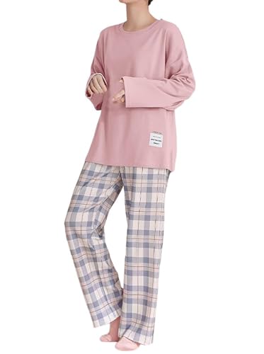 shownicer Schlafanzug Damen Lang Winter Langarm Pyjama Set Zweiteiliger Nachtwäsche Sleepwear und Karierte Pyjamahose Loungewear für Frühling Herbst A Rosa XS von shownicer