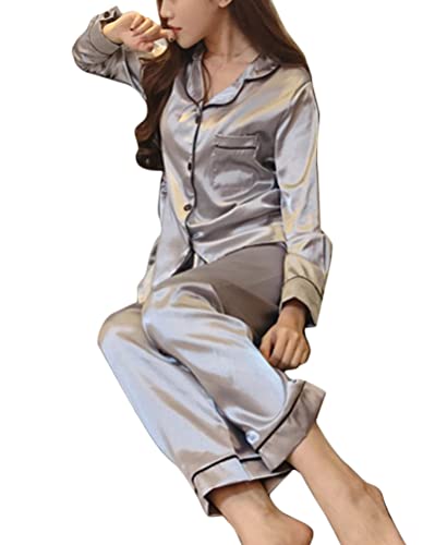 shownicer Schlafanzug Damen Lang Zweiteiliger Schlafanzug Satin Nachtwäsche Sexy V Ausschnitt Party Einfarbig Pyjama Set mit Knopfleiste A Silber 3XL von shownicer