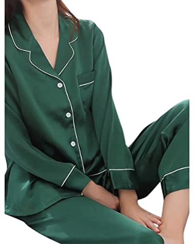 shownicer Schlafanzug Damen Lang Zweiteiliger Schlafanzug Satin Nachtwäsche Sexy V Ausschnitt Weihnachten Party Einfarbig Pyjama Set mit Knopfleiste A Grün M von shownicer