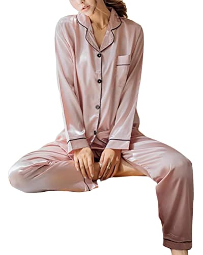 shownicer Schlafanzug Damen Lang Zweiteiliger Schlafanzug Satin Nachtwäsche Sexy V Ausschnitt Weihnachten Party Einfarbig Pyjama Set mit Knopfleiste A Rosa 3XL von shownicer