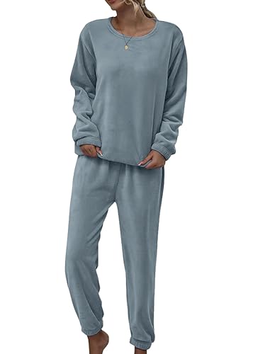 shownicer Schlafanzug Damen Warm Winter Fleece Pyjama Set Flauschig Freizeitanzug Zweiteiliger Plüsch Schlafanzug Loungewear Nachtwäsche Hausanzug Kuschelig A Blau L von shownicer