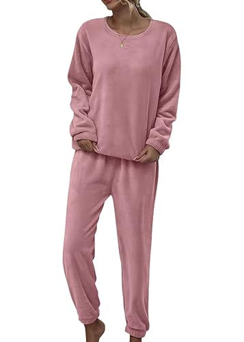 shownicer Schlafanzug Damen Warm Winter Fleece Pyjama Set Flauschig Freizeitanzug Zweiteiliger Plüsch Schlafanzug Loungewear Nachtwäsche Hausanzug Kuschelig A Hell-Pink XXL von shownicer