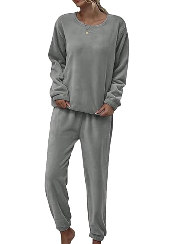 shownicer Schlafanzug Damen Warm Winter Fleece Pyjama Set Flauschig Freizeitanzug Zweiteiliger Plüsch Schlafanzug Loungewear Nachtwäsche Hausanzug Kuschelig A Hellgrau XL von shownicer
