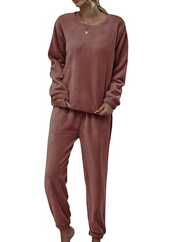 shownicer Schlafanzug Damen Warm Winter Fleece Pyjama Set Flauschig Freizeitanzug Zweiteiliger Plüsch Schlafanzug Loungewear Nachtwäsche Hausanzug Kuschelig A Rot L von shownicer